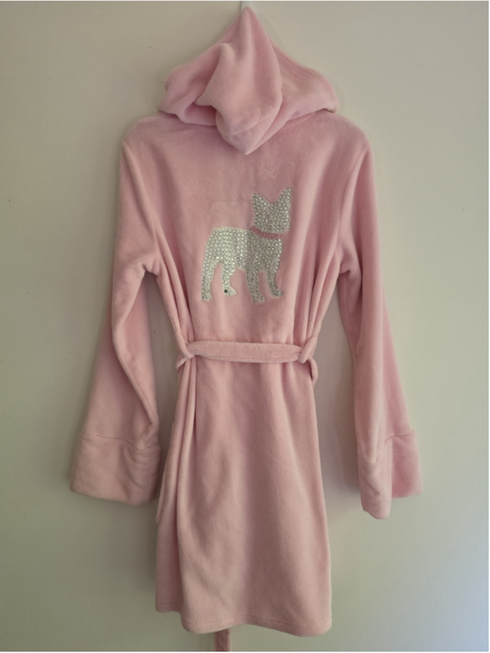 NWT P.J. Salvage Pink Plush Hooded Robe Rhinestone Frenchie Dog Medium